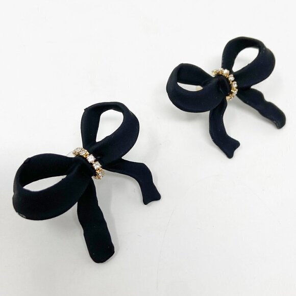 Black Structured Bow Earrings with Crystals Coquette - Picture 1 of 7